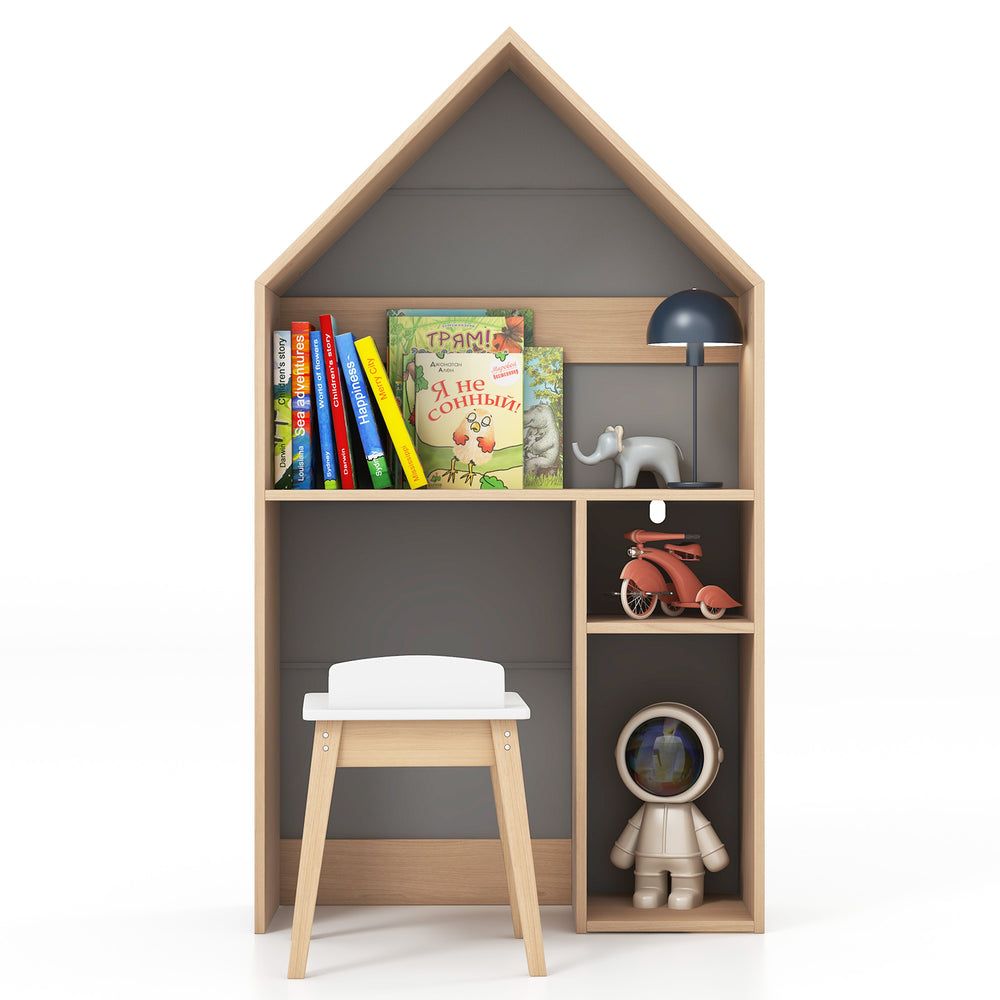 House-shaped kids' desk and chair set in gray with storage for books and toys, ideal for drawing and learning.