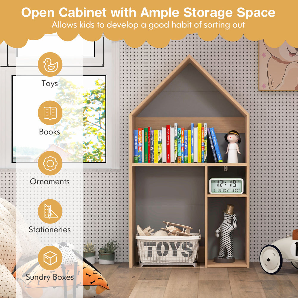 House-shaped kids' desk and chair set in gray with ample storage for toys and books, featuring a blackboard for drawing.