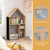 House-shaped kids' desk and chair set in gray with ample storage, anti-toppling device, and blackboard for drawing.