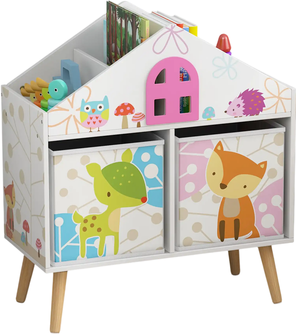 Kids house-shaped bookshelf with colorful prints and two removable storage bins for toys and books in a kids' room.