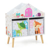 Kids house-shaped bookshelf with two colorful storage bins, perfect for organizing toys and books in a playroom.