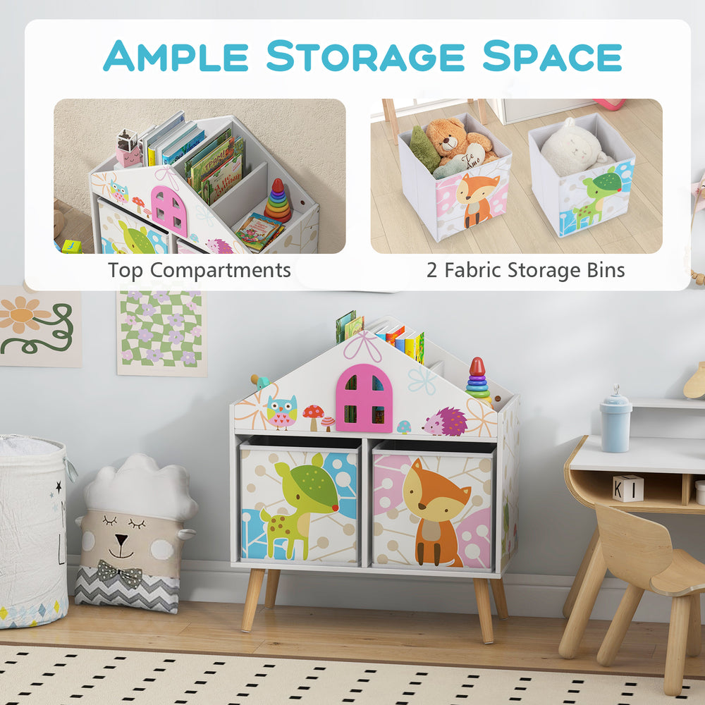 Kids house-shaped bookshelf with colorful prints, featuring 2 storage bins for toys and books in a playroom setting.