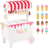 Kids ice cream cart playset in red with a sturdy design, featuring a stylish canopy and ample storage for accessories.