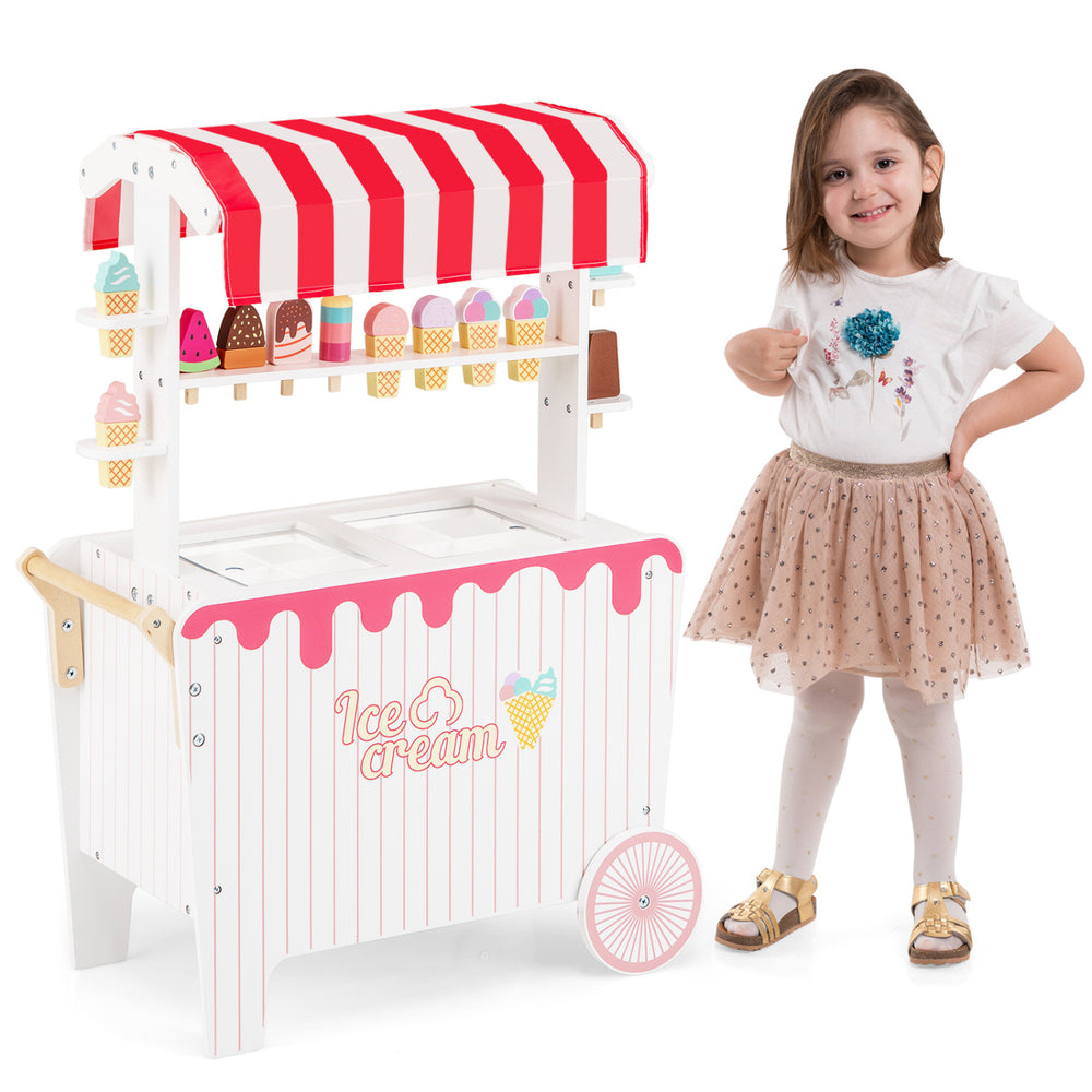Kids ice cream cart playset in red with 12 accessories, large wheels, and a sunproof canopy for imaginative play.