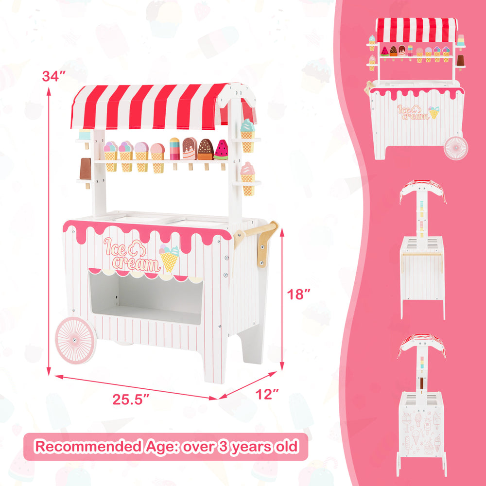 Kids ice cream cart playset in red with display rack, 12 accessories, and sturdy design for imaginative play.