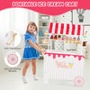 Kids ice cream cart playset in red with 12 accessories, smooth wheels, and sunproof canopy for imaginative play.