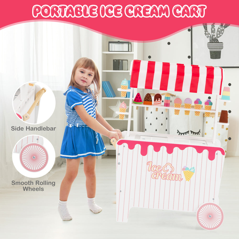 Kids ice cream cart playset in red with 12 accessories, smooth wheels, and sunproof canopy for imaginative play.