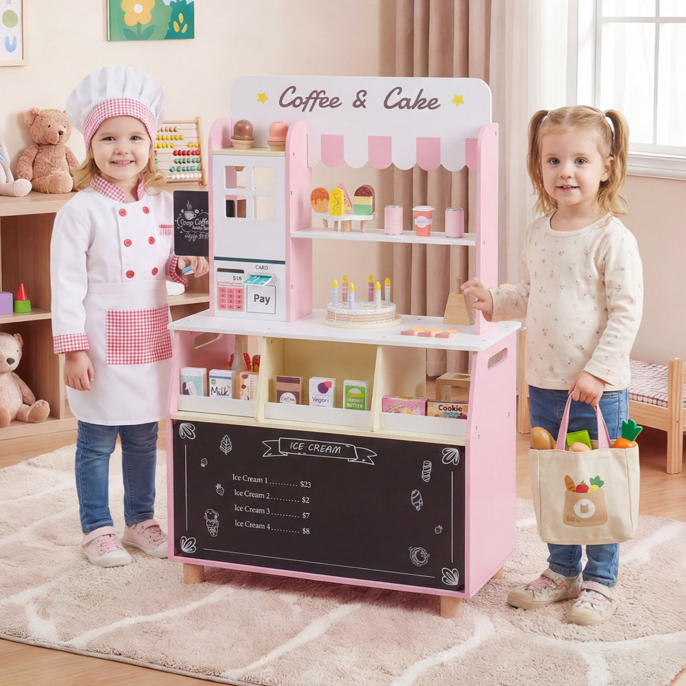 Kids ice cream shop playset in pink with side cutout handles, designed for easy movement and engaging pretend play.