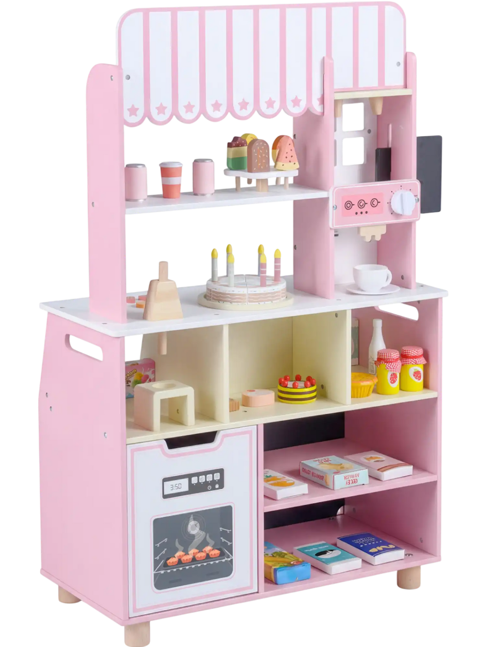 Kids ice cream shop in pink with 27 accessories, featuring an ice cream machine and pretend play elements for ages 3+.