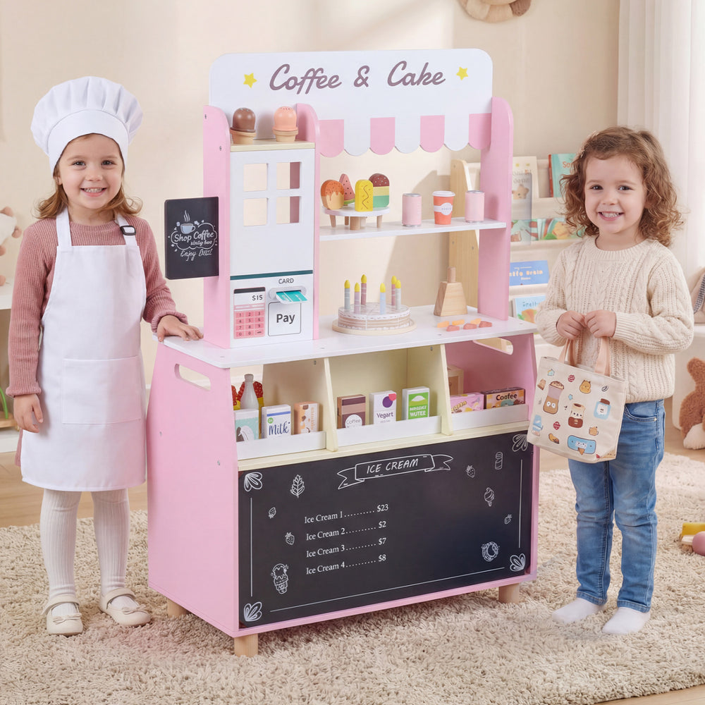 Kids ice cream shop playset in pink with a simulated dessert sign and ample storage for engaging role-playing fun.