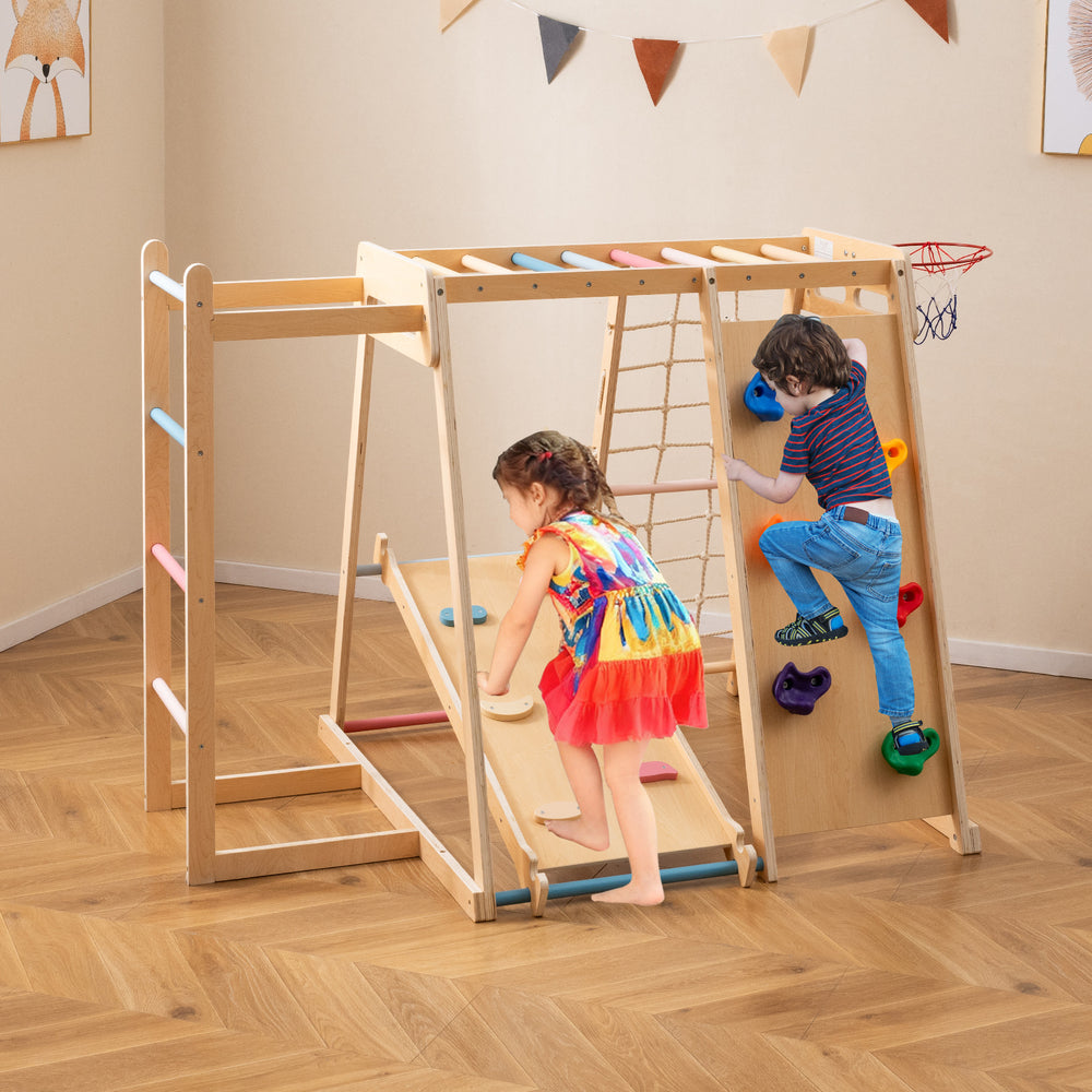 Kids indoor playground featuring a climbing ramp and slide, designed for ages 3-14, promoting active play and safety.