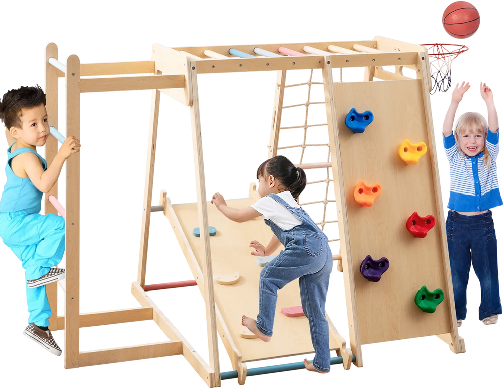 Kids Indoor Playground 6-in-1 Jungle Gym with climbing ramp, slide, and safety features for active play and skill.