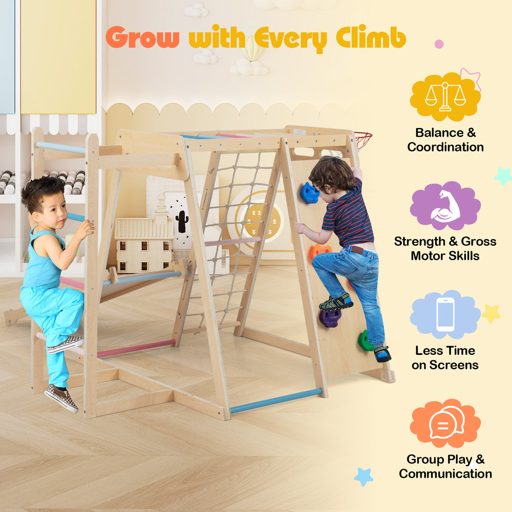 Kids Indoor Playground 6-in-1 Jungle Gym with climbing, sliding, and ball tossing for ages 3-14, promoting active play.