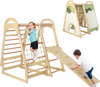 Wooden kids jungle gym playset with slide, climbing net, and tent, made of beech wood for safe outdoor fun.