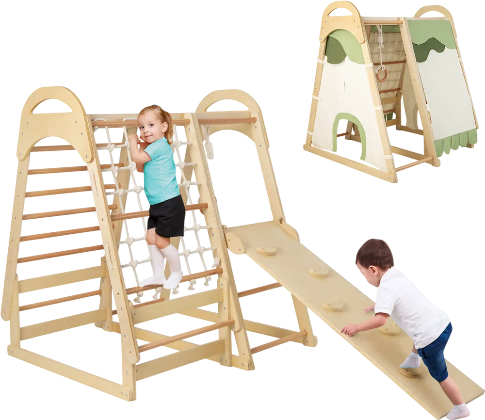 Wooden kids jungle gym playset with slide, climbing net, and tent, made of beech wood for safe outdoor fun.