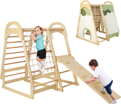 Costway 6-in-1 Wooden Kids Jungle Gym Playset Slide Climbing Net 51472683 New