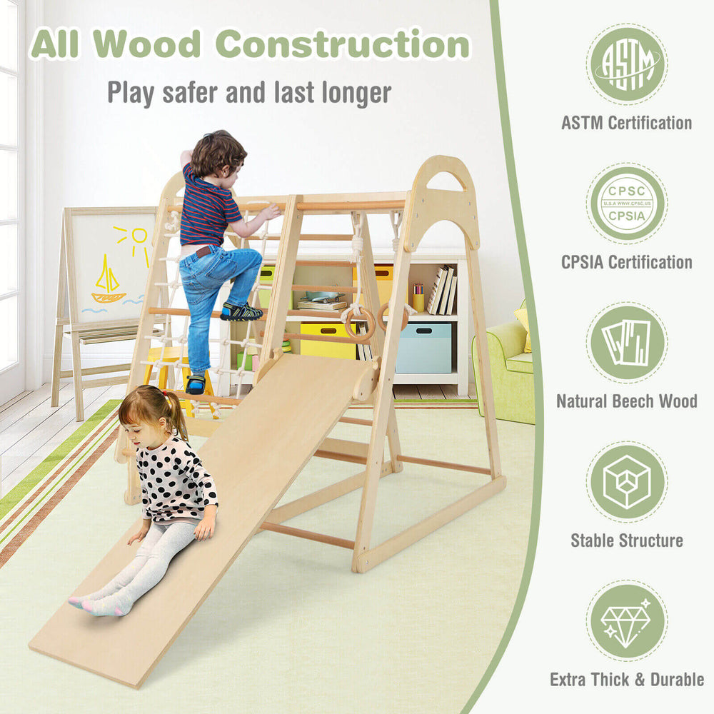 6-in-1 wooden kids jungle gym playset with slide, climbing net, and monkey bars for safe, fun playtime.