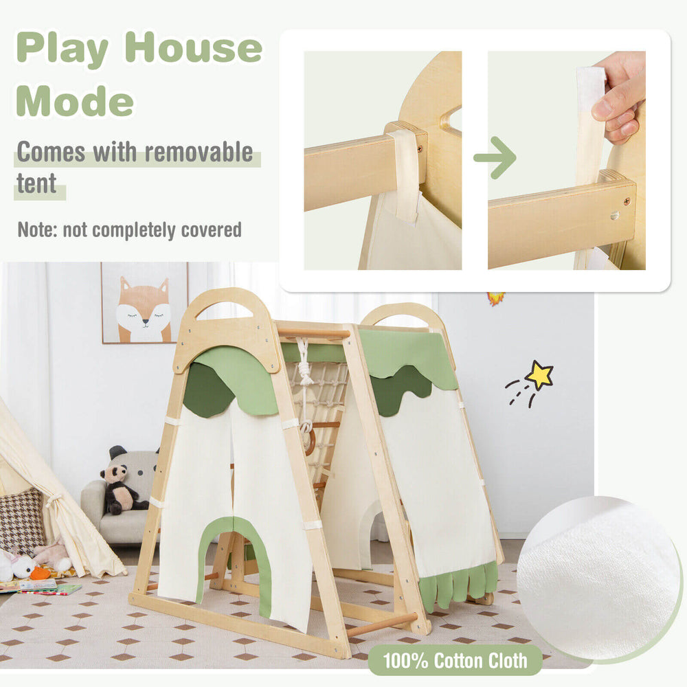 Wooden kids jungle gym playset in play house mode with removable tent, made of beech wood for safety and stability.
