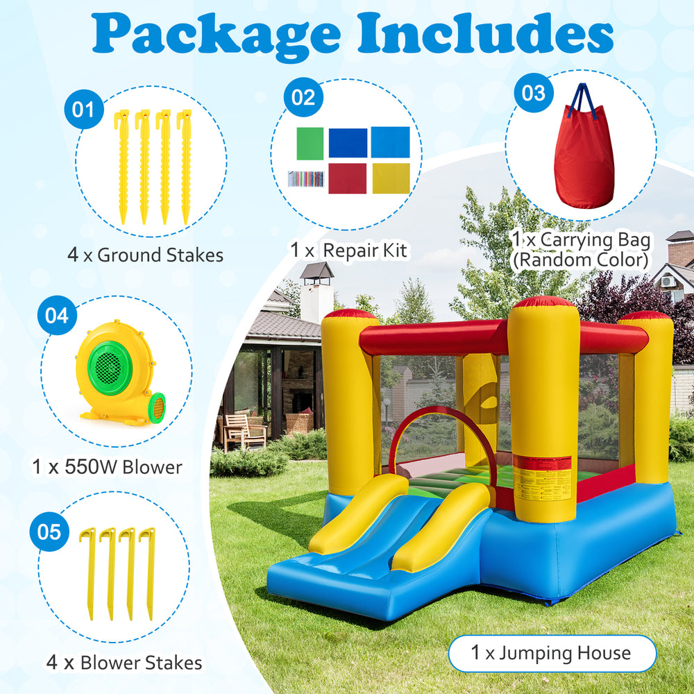 Kids inflatable bounce house with slide, made of puncture-resistant PVC-coated Oxford, ideal for indoor or outdoor fun.