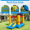 Kids inflatable bounce house with slide, featuring safety fence and 550W blower for easy outdoor fun.