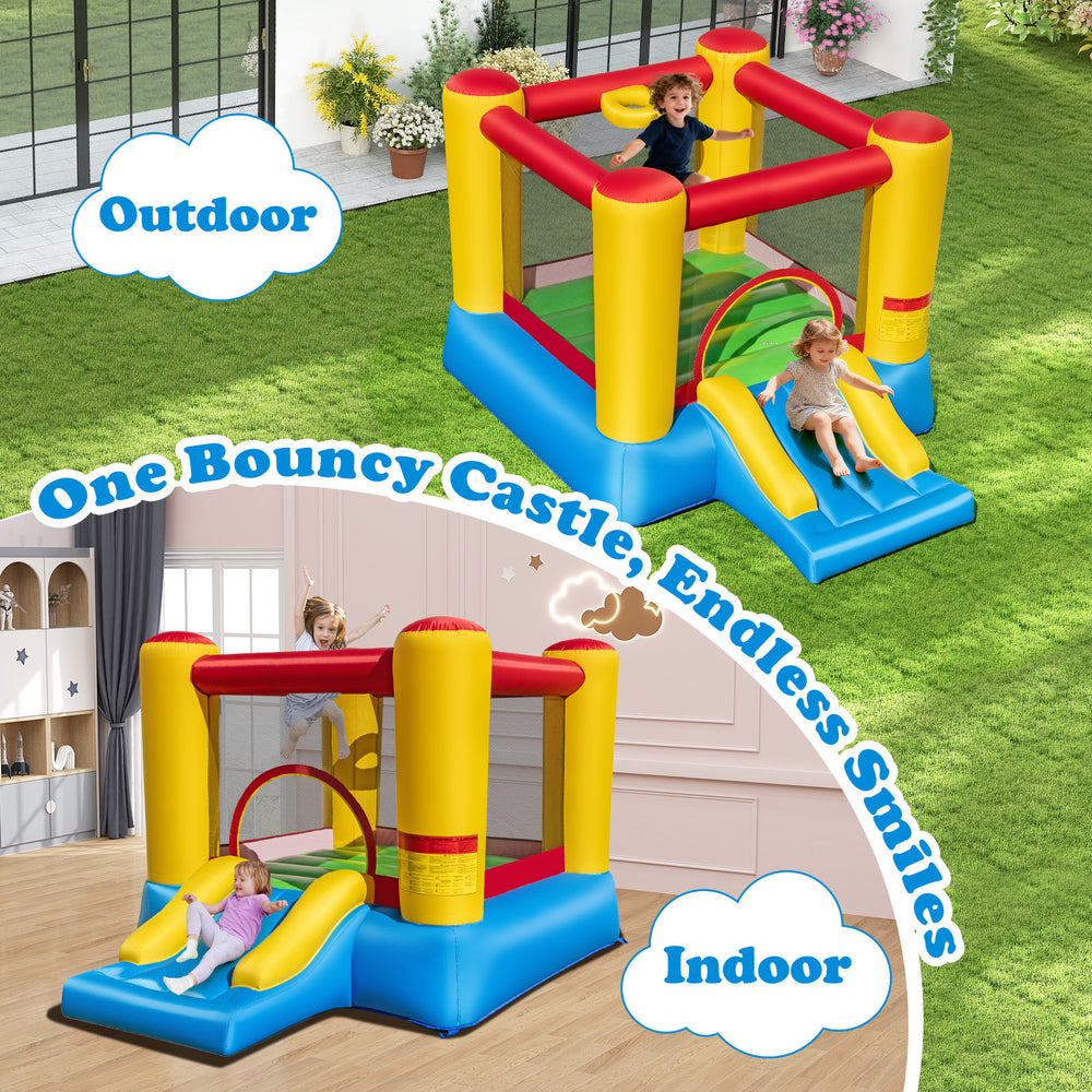 Kids inflatable bounce house with slide, made of PVC-coated Oxford, perfect for indoor and outdoor fun for ages 3-5.