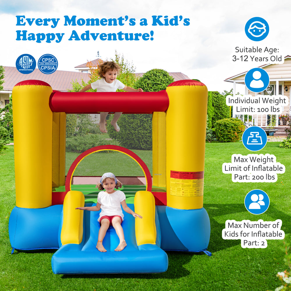 Kids inflatable bounce house with slide, made of puncture-resistant PVC-coated Oxford, suitable for ages 3-12 years.