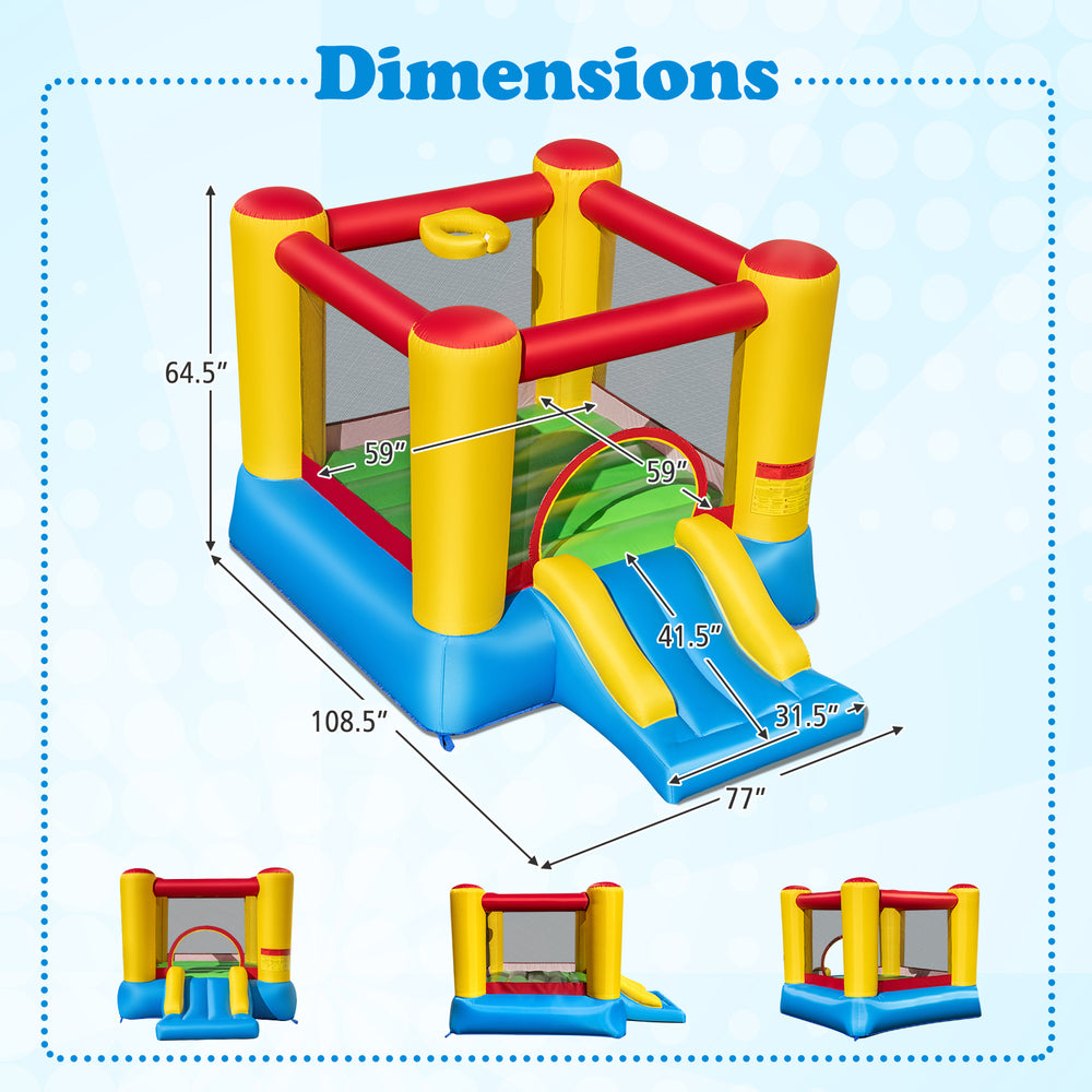 Kids inflatable bounce house with slide, featuring safety fence and vibrant colors, ideal for indoor or outdoor fun.