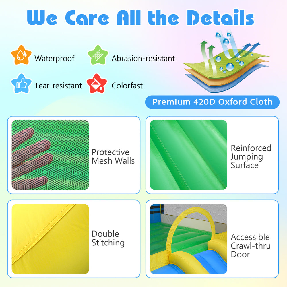 Kids inflatable bounce house with slide, made of durable 420D oxford cloth, suitable for indoor and outdoor play.