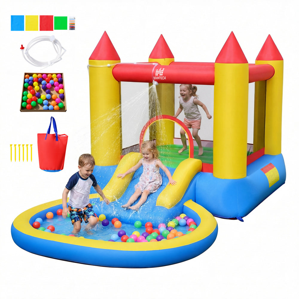 Kids inflatable bounce house castle with water slide and splash pool, featuring colorful balls for imaginative play.