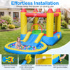 Kids inflatable bounce house castle with water slide and splash pool, featuring colorful balls for fun outdoor play.