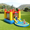 Inflatable kids slide bounce house with colorful design, water spray feature, suitable for garden play and safety mesh.