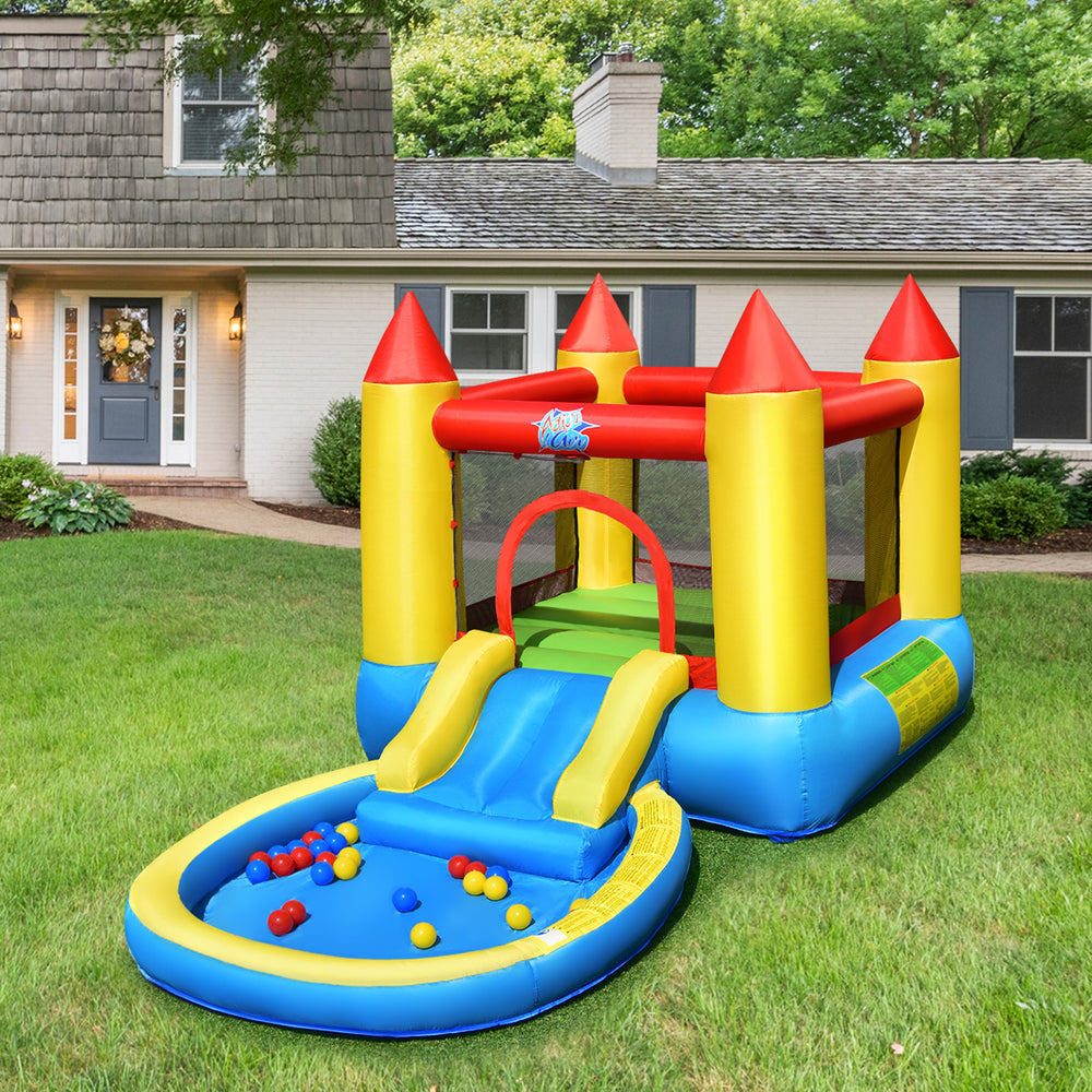 Colorful inflatable kids slide bounce house with water feature, suitable for garden play and safe for two children.