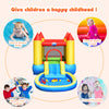 Inflatable kids slide bounce house with colorful design, mesh walls, and water spraying function for outdoor fun.