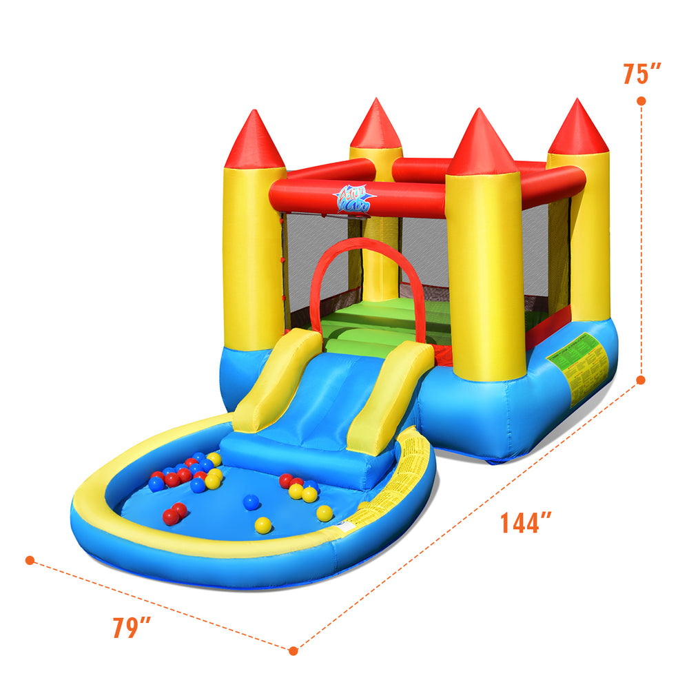 Inflatable kids slide bounce house with water feature, colorful design, mesh walls for safety, ideal for outdoor fun.