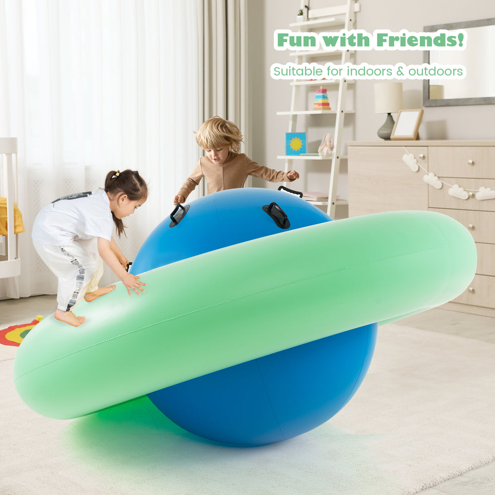 Giant inflatable dome rocker bouncer in green for kids, featuring 6 handles for indoor and outdoor fun.