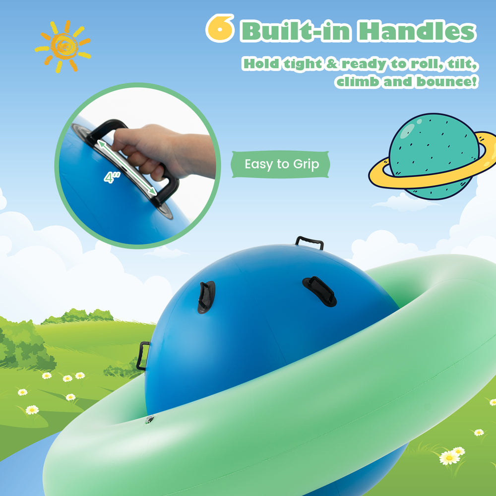 Giant inflatable dome rocker bouncer in green with 6 built-in handles, perfect for kids to climb, bounce, and play.