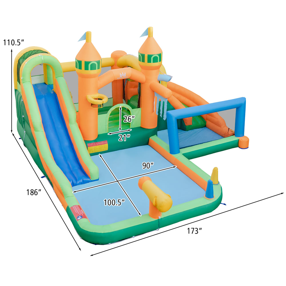 Kids inflatable water slide with soccer gate, featuring two slides, climbing wall, and splash pool for summer fun.