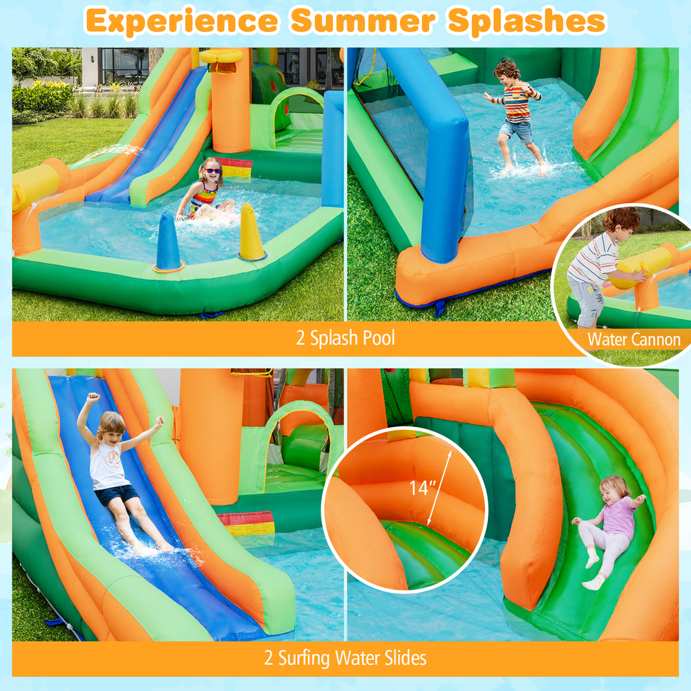 Kids inflatable water slide featuring two surfing slides, splash pools, and a water cannon for summer fun in the yard.