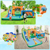 Kids inflatable water slide featuring two slides, climbing wall, and splash pool for year-round outdoor fun.