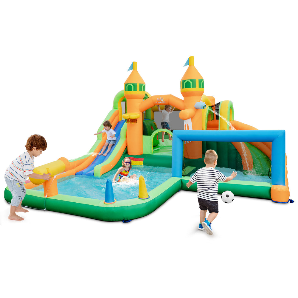 Kids inflatable water slide featuring two slides, splash pool, and sports activities for outdoor summer fun.