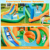 Kids inflatable water slide featuring 2 surfing slides, splash pools, and a water cannon for summer fun in the yard.