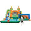 Kids inflatable water slide featuring two slides, a climbing wall, and splash pool for summer fun in the yard.