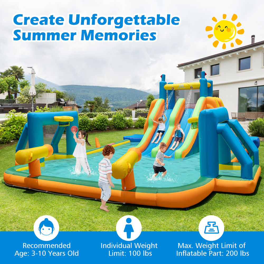 Kids inflatable water slide featuring two long slides, splash pool, and soccer gates for summer fun in the backyard.