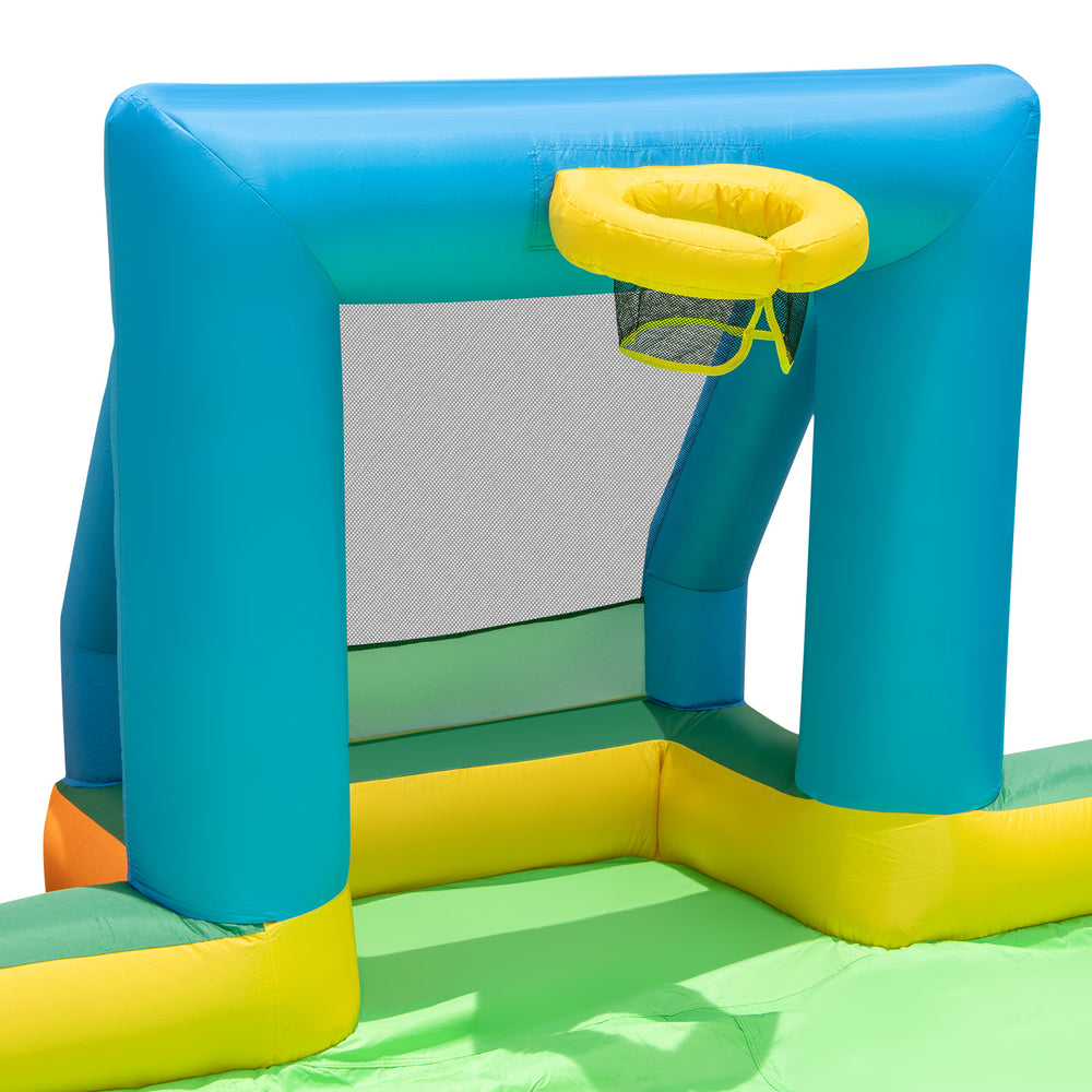 Kids inflatable water slide featuring a vibrant blue and yellow design with two soccer gates and a splash pool for.