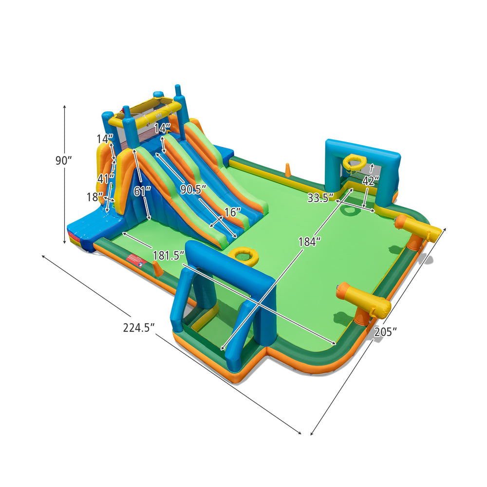 Kids inflatable water slide with 2 long slides, splash pool, and soccer gates, perfect for summer fun in the yard.