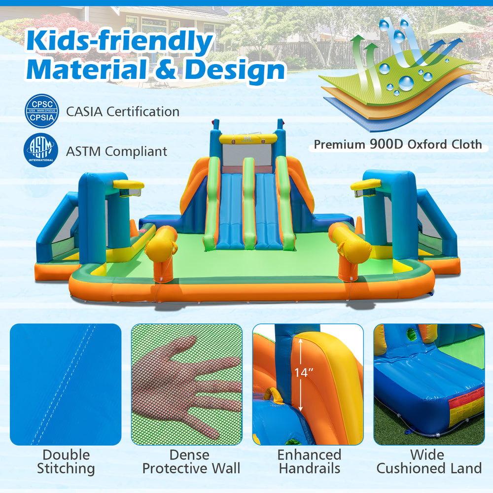 Kids inflatable water slide featuring 2 long slides, splash pool, and soccer gates, made of durable waterproof Oxford.