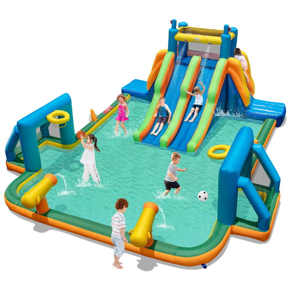 Kids inflatable water slide featuring 2 long slides, splash pool, and sports activities for summer fun in the yard.