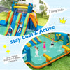 Kids inflatable water slide featuring 2 long slides, large splash pool, and water cannons for summer fun in the yard.