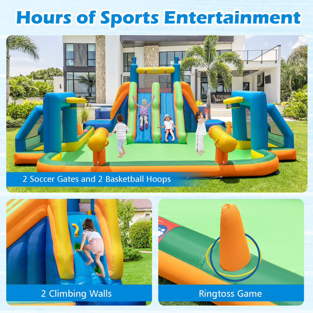 Kids inflatable water slide featuring 2 long slides, 2 soccer gates, and a splash pool for outdoor fun.