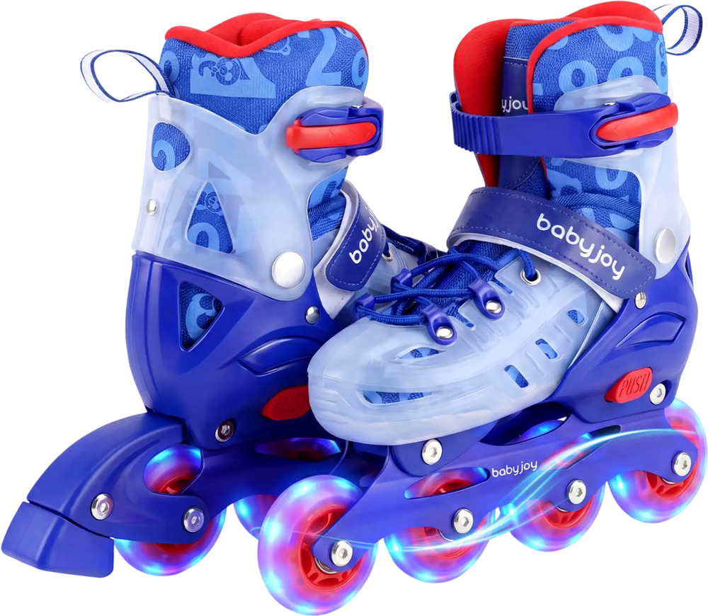 Kids inline skates in blue with adjustable size, light-up wheels, and breathable mesh lining for ages 9-14.